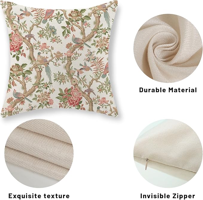 Chinoiserie Pillow Covers 20x20 Set of 2 Pink Green Bird Floral Throw Pillows Vintage Pink Flower Bird Decorative Pillow Cases Outdoor Chinoiserie Decor Farmhouse Cushion Case for Couch Sofa