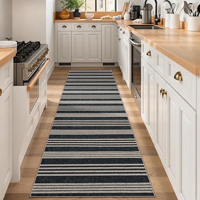 Lahome Elance Striped Easy Jute Kitchen Runner, 2x8 Neutral Indoor Outdoor Runner Rug, Farmhouse Non Slip Non Shedding Carpet for Entryway Hallway Porch Foyer Decor