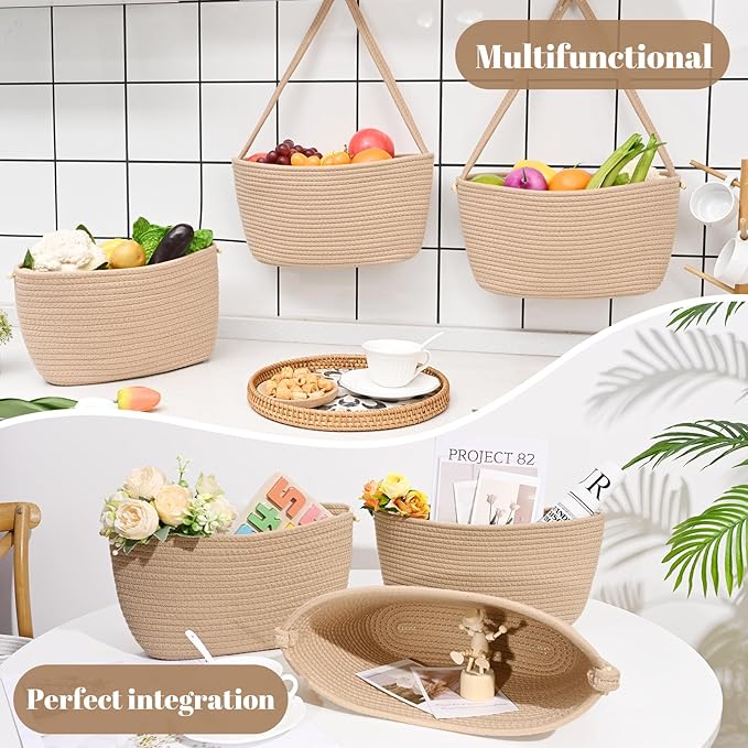 Hanging Basket, 3-Tier Wall Baskets, Over the Door Organizer with 4 Hooks, Hanging Baskets for Organizing, Woven Storage Basket Behind the Door for Nursery, Bedroom, Living Room, Kitchen