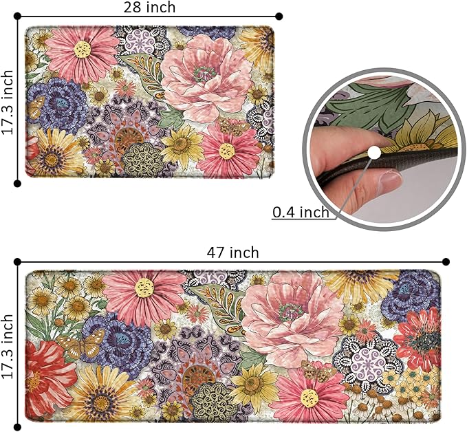 Boho Floral Kitchen Mats for Floor 2PCS Anti Fatigue Mats for Kitchen Floor Cushioned Non Slip Waterproof Memory Foam PVC Kitchen Rugs Set for Sink,Office,Laundry 17.3"x28"+17.3"x47"
