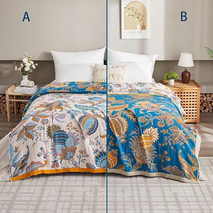 Boho Blanket for Bed 100% Cotton Bohemian Throw Blankets Ultra Soft Woven Muslin Decorative Blankets All Seasons Vintage Quilt Knitted Blanket for Sofa Chair Beige 50"x60"