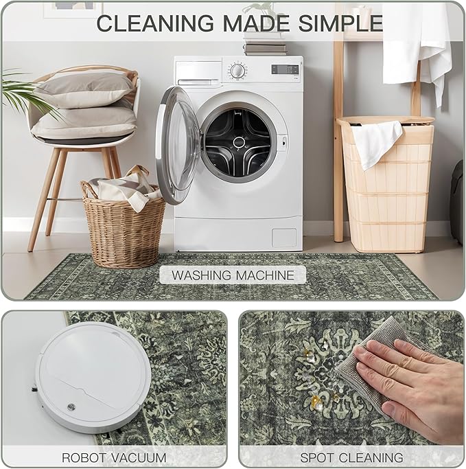 8x10 Vintage Washable Area Rug for Living Room,Low Pile Non Slip Carpet Non-Shedding Large Area Rug Soft Indoor Stain Resistant Rug Floral Print Mat for Bedroom Dining Room Green Floral