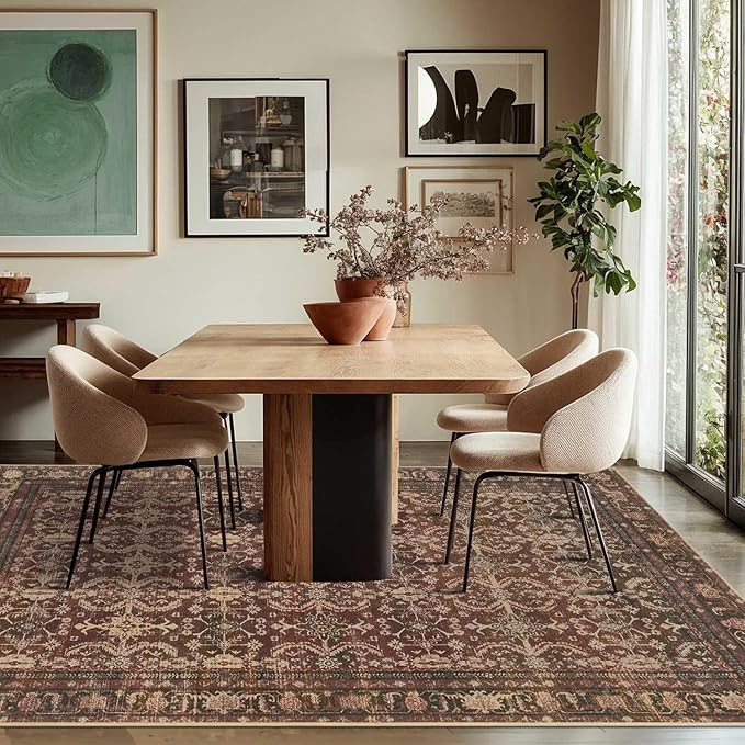 Area Rugs for Living Room Bedroom, Washable Christmas Rug, Vintage Oriental Boho Rug, Non Slip & Low Pile Faux Wool Thin Accent Carpet for Indoor Dining Room, Kids Room and Office(Red 4x6ft)