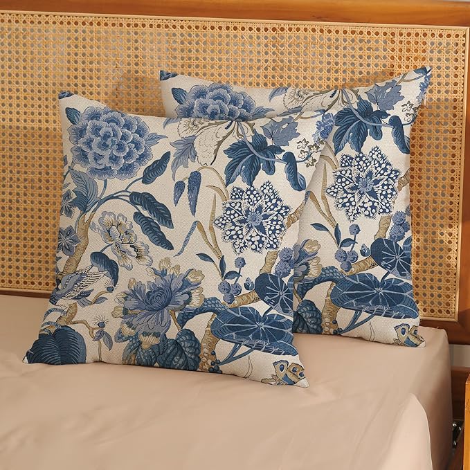 Blue Floral Pillow Covers 18x18 Set of 2 Vintage Floral Throw Pillows Chinoiserie Flower Botantical Decorations Pillowcase Outdoor Decor Linen Farmhouse Cushion Case for Couch Sofa Bed