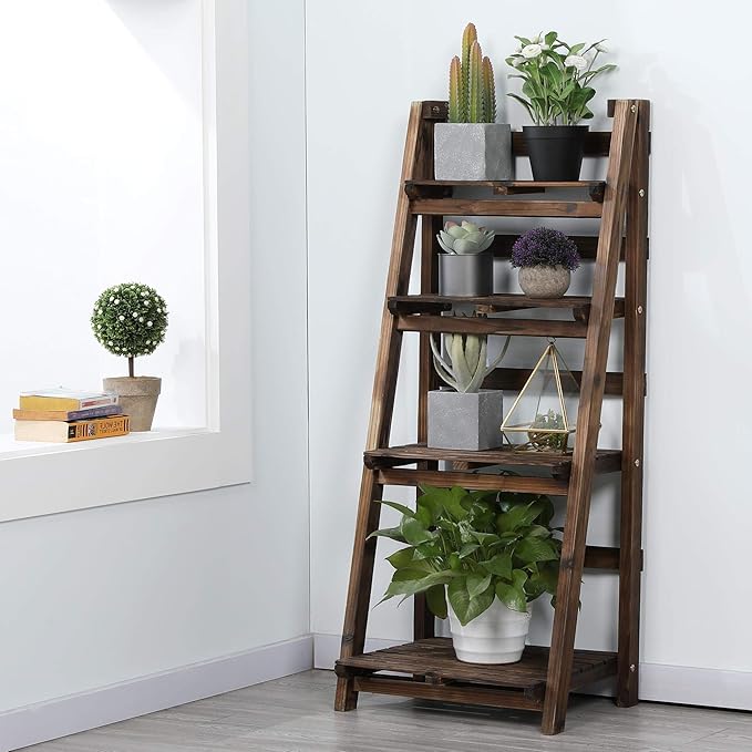 Yaheetech Wooden Foldable Ladder Shelf 4-Tier Magazine Holder Book Rack Plant Stand Folding Flower Display Pot Decorative Storage Free Standing Indoors/Outdoors Rustic No Assembly Required Brown