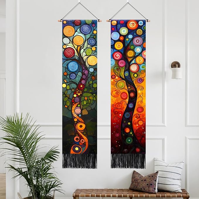 AOHMPT Pack of 2 Long Vertical Tapestry,Nature Landscape Tapestry with Serene Mountain River, Moon & Sun Motifs,Traditional Ink Painting Wall Art , Zen Aesthetic Wall Hanging for Living Room Bedroom Decor 13" W x 51" H"