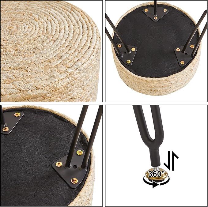 YMYNY Pouf Ottoman, Handmade Natural Water Hyacinth, Pastoral Style Footrest, Footstool with 4 Metal Legs Round Vanity Stool for Bedroom, Hallway, Living Room 12.59"L×12.59"W×17.71"H Beige UHBD029M
