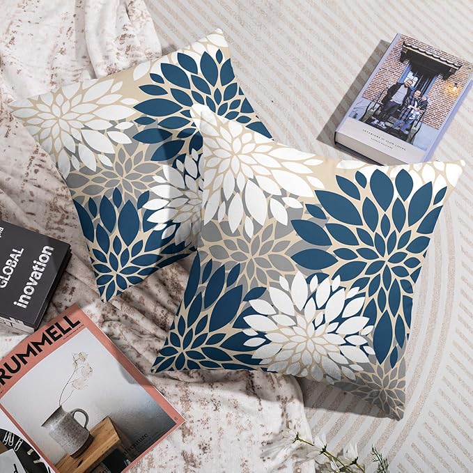 Blue Gray White Pillow Covers 24X24 Inch Set of 2, Modern Dahlia Floral Print Decorative Throw Pillow Covers Outdoor Farmhouse Cushion Case for Home Couch Sofa Bed Decoration