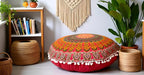CRAFT KALA 22 Inch Round Mandala Floor Pillow Cushion Cover Seating Throw Cover Hippie Decorative Bohemian Ottoman Poufs Pom Pom Pillow Cases Boho Cotton Living Room Yoga Home Décor (Red)