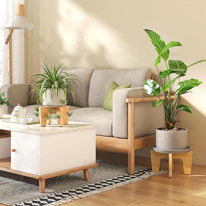 Plant Stands Indoor Outdoor, Plant Risers for Inside Pots Sturdy Short Plants Holder, Flower Pot Stand for Indoor Plants, Small Single Floor Plant Bamboo Display Stand (Natural 12“ (2 pack))