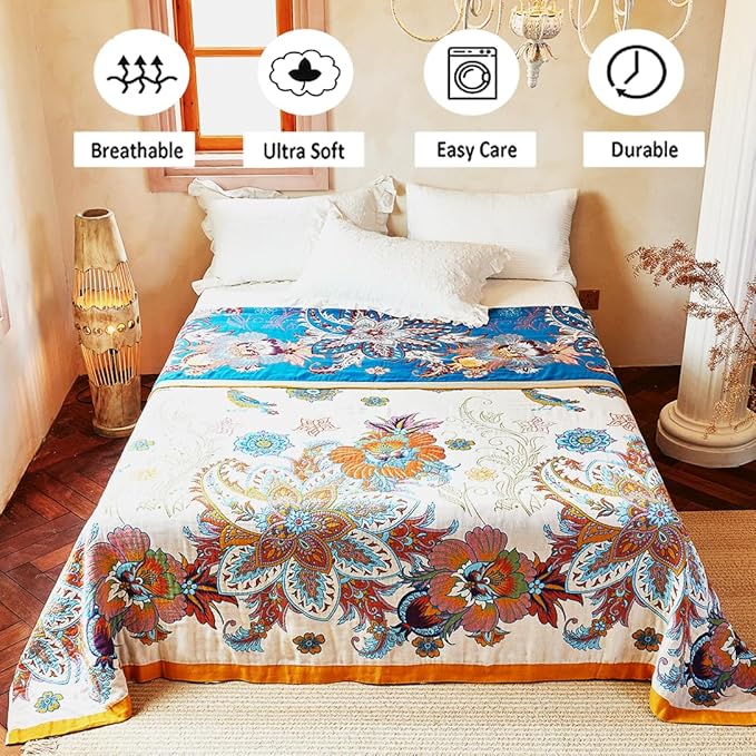 Boho Throw Blanket, 100% Organic Cotton Breathable Skin-Friendly Ultra Soft Bed Quilt Throw - All Season Floral Bird Farmhouse Décor Luxury Blanket for Sofa Couch Chair and Gift. 91" x 98"