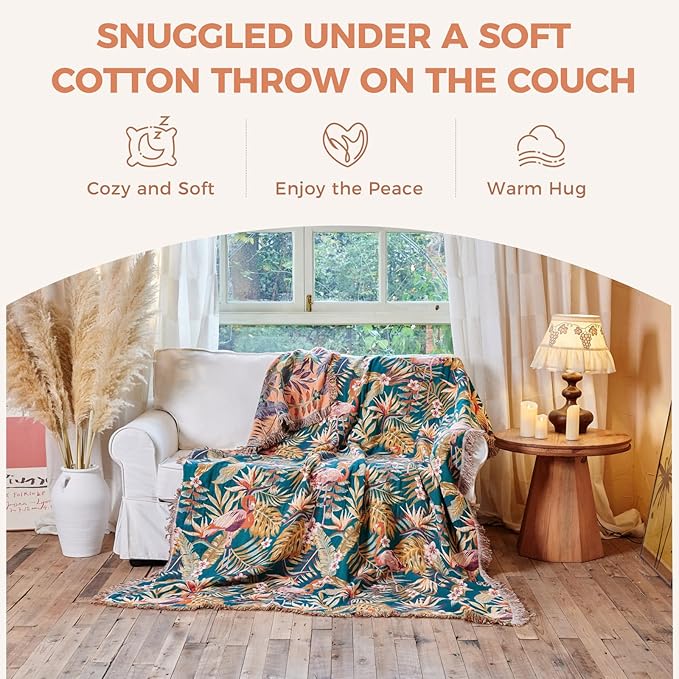 Boho Throw Blanket for Couch Sofa Chair Cotton Spring Blankets for Bedroom Living Room All Season Lightweight Reversable Forest Embroidery Throws 50"x60"