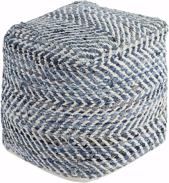 Signature Design by Ashley Chevron Handmade Woven Pouf 18 x 18, Blue and White