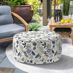 Indoor/Outdoor Inflatable Ottoman, All Weather Ottoman Pouf D31 x H14 inch, Round Foot Rest Ottomans, Portable Footstool for Patio, Garden, Porch, Home, Breeze Leaves Beige