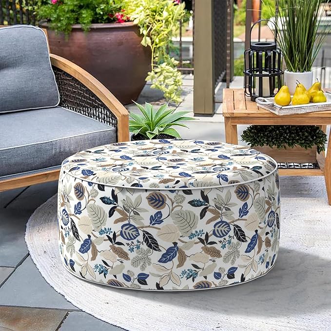 Indoor/Outdoor Inflatable Ottoman, All Weather Ottoman Pouf D31 x H14 inch, Round Foot Rest Ottomans, Portable Footstool for Patio, Garden, Porch, Home, Breeze Leaves Beige