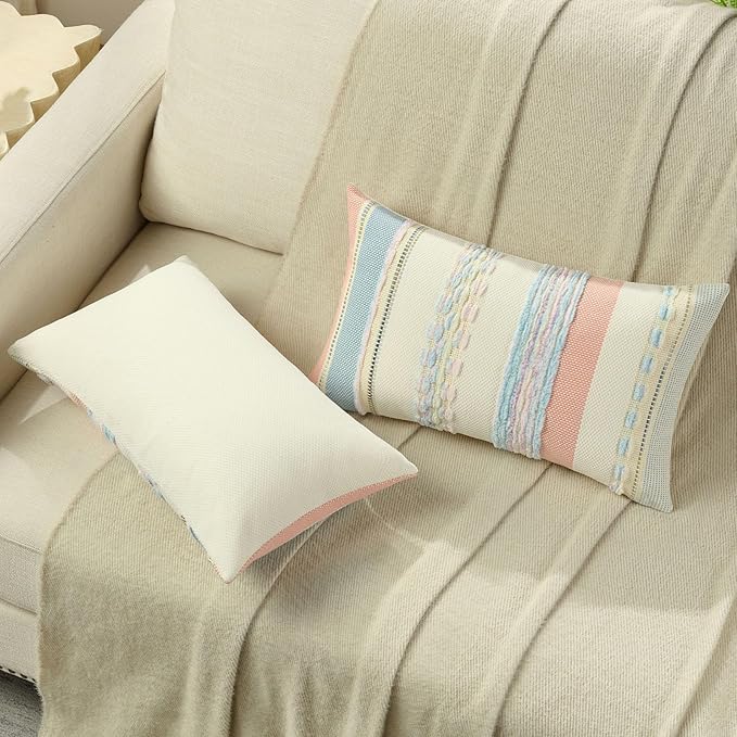 FUTEI Pink Blue Decorative Throw Pillow Covers 12x20 Inch Set of 2, Soft Tufted Striped Textured Accent Pillow Case,Boho Pillows for Couch Decor