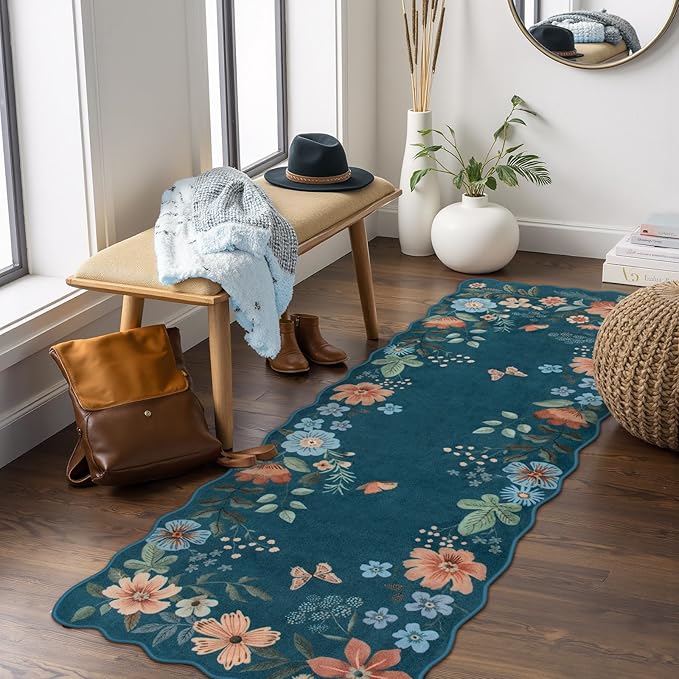 Lahome Floral Washable Runners for Hallways, 2x5 Kitchen Runner Rug Ultra-Thin, Non-Slip Stain Resistant Boho Low-Pile Carpet Runner for Bathroom Bedroom Flore (2x5ft,Navy Blue)