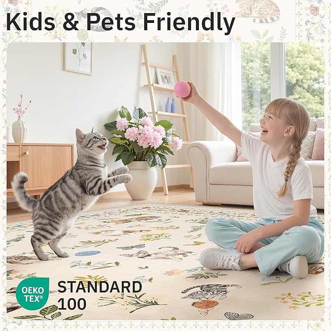 Cat 6x9 Area Rugs for Living Room, Machine Washable Animal Floral Vintage Rug Non-Slip Low Pile Soft Throw Rugs for Bedroom Dining Room Kitchen Nursery Playroom (6 x 9,Beige)