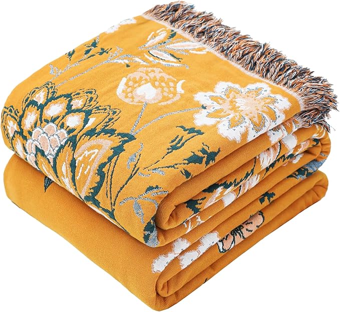 Boho Large Throw Blanket, 100% Organic Cotton Breathable Soft Bed Throw - Floral Bird Farmhouse Decor Blanket for Sofa Couch Chair Quilt and Gift. (Flower-Art, 91" x 98")