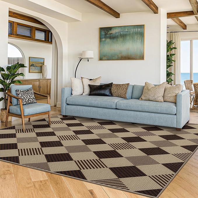 JTJ Easy Jute Diamond 5x7 Area Rug for Living Room - Door Mat Indoor Entrance, Checkered Plaid Rug for Patio, Bedroom, Home Office, Woven Low Pile Washable Beige Black Geometric Front Porch Décor