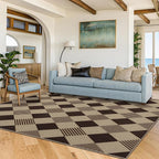JTJ Easy Jute Diamond 5x7 Area Rug for Living Room - Door Mat Indoor Entrance, Checkered Plaid Rug for Patio, Bedroom, Home Office, Woven Low Pile Washable Beige Black Geometric Front Porch Décor