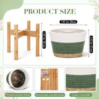 Remerry Plant Basket with Stand, Cotton Rope and Wicker Plants Baskets Indoor with Plastic Liner and Stand, Green White Woven Flower Pot for Indoor Home Living Room Floor Potted Decor(8inch)