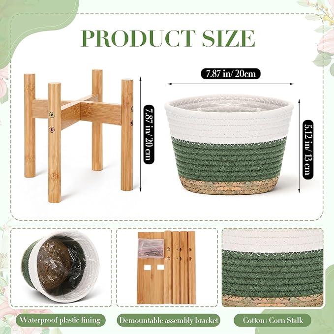 Remerry Plant Basket with Stand, Cotton Rope and Wicker Plants Baskets Indoor with Plastic Liner and Stand, Green White Woven Flower Pot for Indoor Home Living Room Floor Potted Decor(8inch)