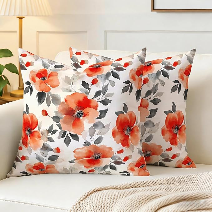 Burnt Orange Watercolor Floral Throw Pillow Covers 18x18 Set of 2, Spring Black Beige Flowers Decorative Pillowcases, Double-Sided Print Cushion Covers for Couch Sofa Bedroom Living Room Spring Decor