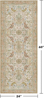 Boho Bathroom Runner Rug 2x5 - Floral & Bird Runner Rug for Kitchen Floor, Hallway, Laundry Room, Bedroom, Entrance, Beige Neutral Vintage Decor, Washable Non Slip Low Pile