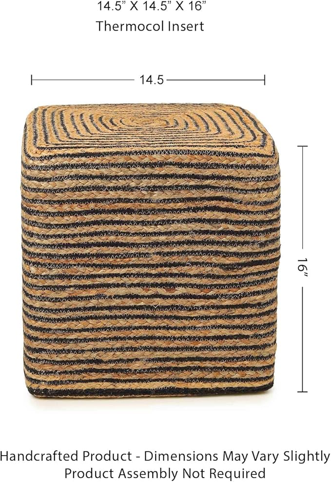 REDEARTH · Cube Pouf Foot Stool Ottoman - Jute Braided Pouffe Poof Accent Sitting Footrest for The Living Room, Bedroom, Nursery, Lounge 50% Jute 50% Cotton Set of 2 (14.5”X14.5”X16”; Natural Black)