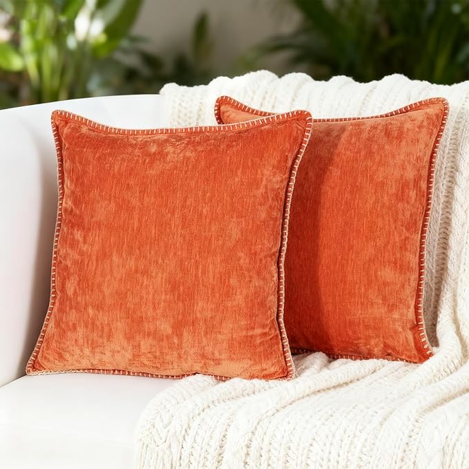 Decorative Throw Pillow Covers Pack of 2, 18x18 In Chenille Soft Pillow Covers with Stitched Edge, Farmhouse Neutral Euro Decorative Pillows for Bed Couch Sofa Home Decor Living Room, Rust