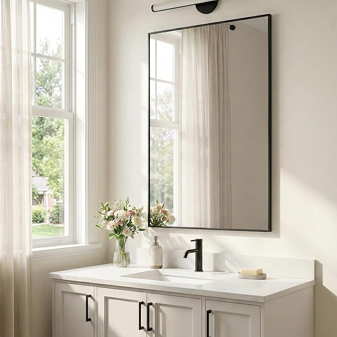 24''x36'' Matte Black Bathroom Mirror, Metal Framed Vanity Mirror for Wall Over Sink, Modern Farmhouse Rectangular Decor, Flush Mount, Vertical/Horizontal