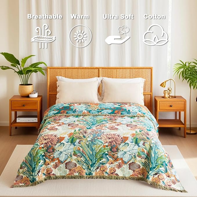 Boho Throw Blanket for Couch Sofa Chair Cotton Spring Blankets for Bedroom Living Room All Season Soft Lightweight Reversible Botanical Floral Embroidery Decorative Throws 50"x60" Home Decor