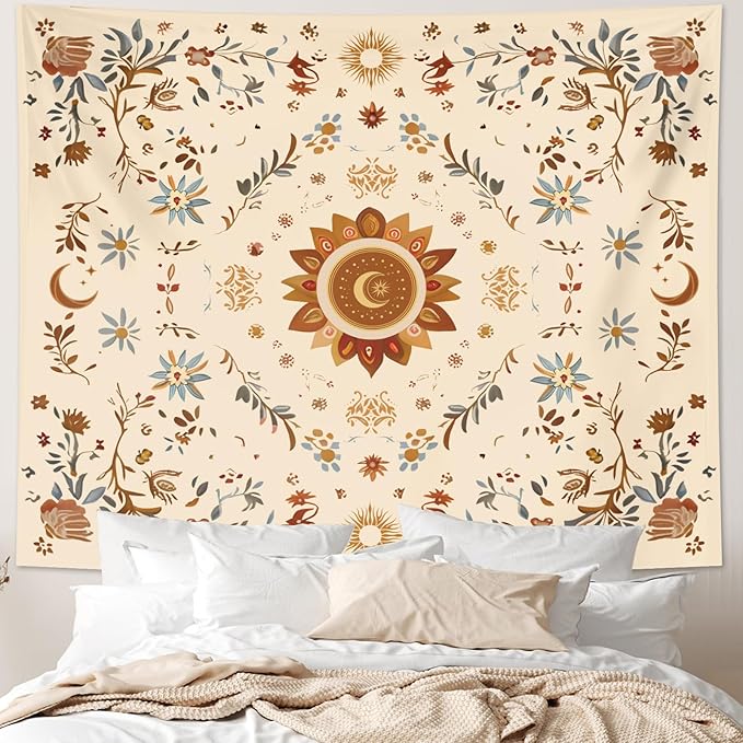 Boho Sun Floral Tapestry Wall Hanging Bedroom Aesthetic, Bohemian Vintage Moon Girl Room Decor Tapestries, Cute India Hippie Outdoor Wall Covering for Living Room Dorm (60"X79")