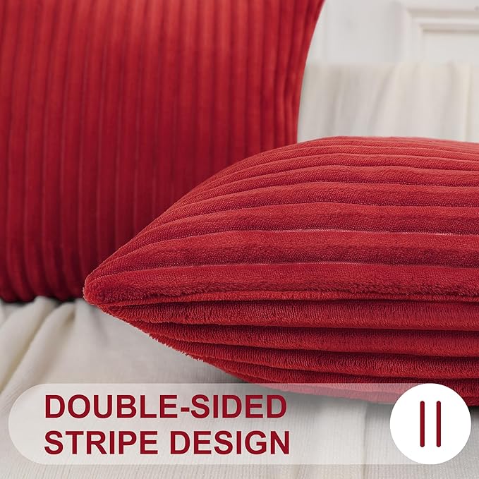 Simmore Decorative Throw Pillow Covers 12x20 Set of 2, Soft Natural Plush Flannel Double-Sided Fluffy Lumbar Pillow Covers for Couch Sofa Living Room, Red