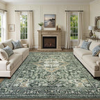 Lessymo Washable 8×10 Green Area Rugs for Living Room, Soft Vintage Boho Rug Non-Slip for Bedroom Dining Room Kitchen, Large Distressed Retro Carpet Stain Resistant for Home Indoor Nursery Office