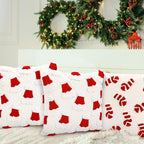 Whaline 2 Pcs Christmas Tufted Throw Pillow Covers Xmas Red White Candy Santa Hat Pillowcase Winter Pillowslip Cushion Cover for Sofa Couch Bed Home Party Decor, 18 x 18 Inch