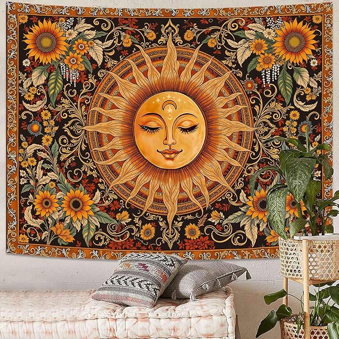Spenlife Celestial Sun Tapestry, Boho Floral Tapestries for Bedroom, Aesthetic Wall Decor, Sunflower Tapestries (60" x 44")