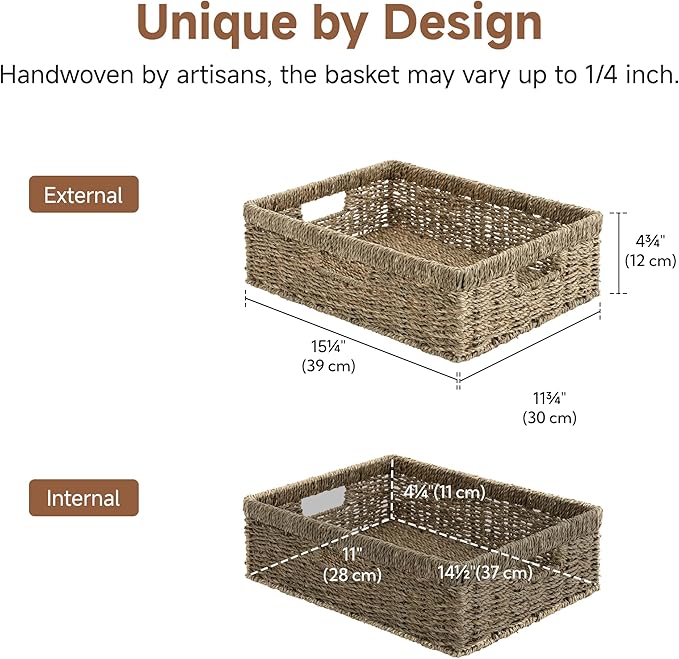 StorageWorks Pantry Baskets, Wicker Storage Baskets for Organizing, Bathroom Shelves, Pantry Organizers and Storage, Seagrass, 15½"L x 11¾"W x 4 ¾"H