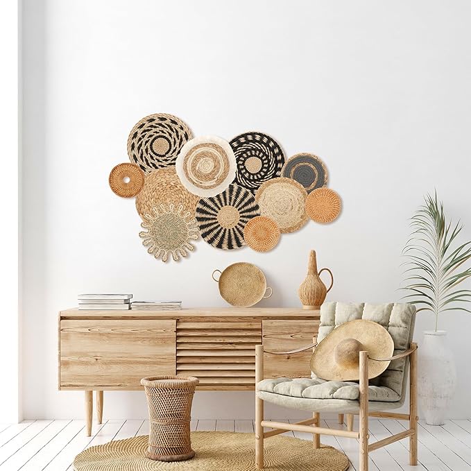 HJJWNDDNG 11 Pack Boho Wall Basket Decor Set, Hanging Woven Seagrass Rattan Wicker Boho Wall Decor, Round Farmhouse Wall Hanging Baskets Rustic Flat Wall Art for Living Room Bedroom Kitchen (Style 5)