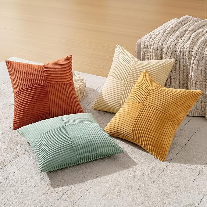 MIULEE Teal-Orange Decorative Throw Pillow Covers 22x22 Inch Set of 4 Boho Corduroy Striped Cushion Cases Modern Farmhouse Patchwork Pillow Cases for Couch Sofa Bedroom Home Decor