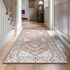 Lessymo 2 x 6 Runner Rug- Machine Washable Area Rugs Boho Faux Wool Low Pile Area Rug for Bedroom, Floral Medallion Vintage Rugs with Non-Slip Rubber,Brown Beige