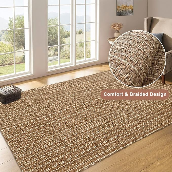 3x5 ft Rugs for Bedroom - Non-Slip Machine Washable Neutral Rug for Living Room,Faux Jute Rug,Braided Area Rug,Boho Solid Rugs for Home and Office,Very Soft,Stain-Resistan,Tan Brown
