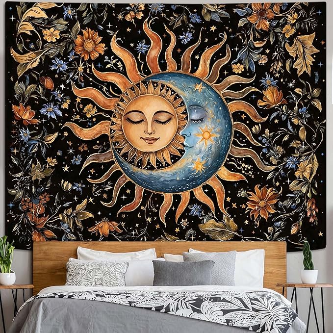 Aipon Sun and Moon Tapestry for Bedroom Boho Vintage Floral Hippie Wall Tapestry Aesthetic Retro Flower Plant Small Tapestries Wall Hanging for Living Room Dorm Decor 60 x 44 Inch
