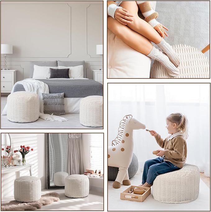 2 Pcs 20 x 15 Inch Unstuffed Ottoman Pouf Cover Corduroy Foot Rest - No Filler, Striped Foot Stool Floor Bean Bag Floor Chair Storage for Modern Farmhouse Bedroom Home Decor(Beige)