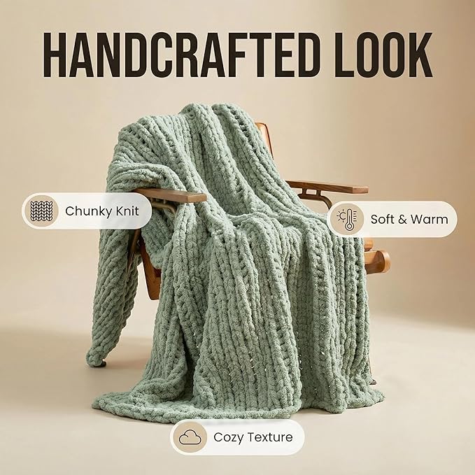 Amélie Home Chunky Knit Throw Blanket for Couch, Soft Chenille Crochet Blanket for Children, 40"x50", Sage Green