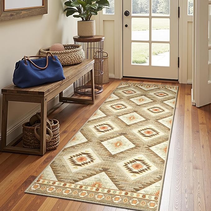 Area Rug 2x8 Rug Machine Washable Non-Slip Low Pile Print Pattern Western Rug for Living Room Bedroom Entryway Tribal Series -Cream/Camel