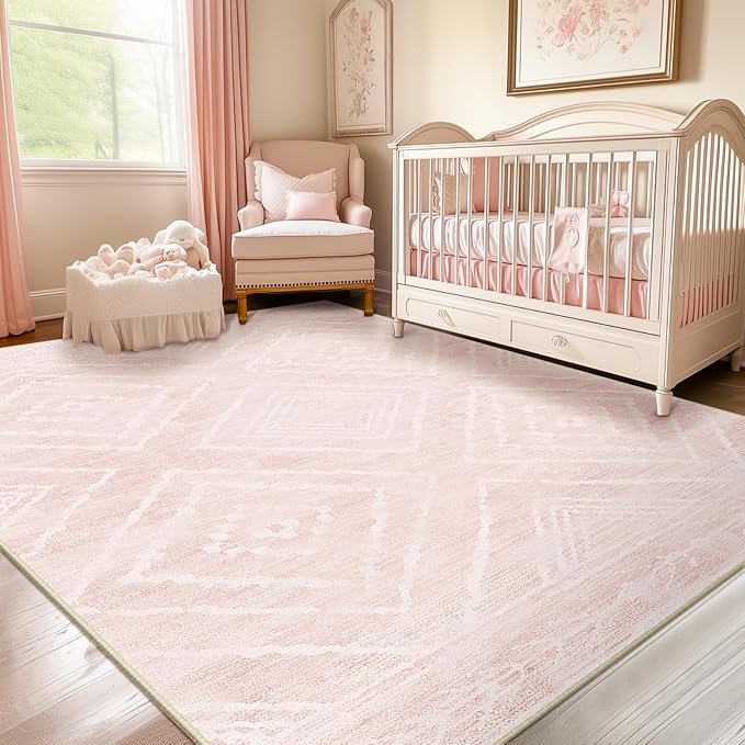 Area Rug 8x10 Rug Machine Washable Non-Slip Low Pile Print Pattern Western Rug for Living Room Bedroom Entryway Tribal Series -Light Pink/Cream