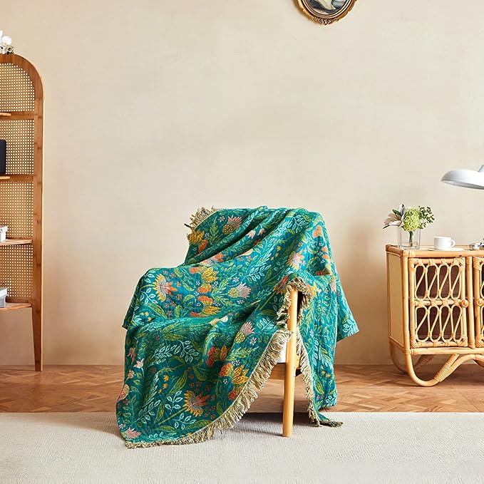Boho Throw Blanket - 100% Cotton Soft Throw Blanket for Bed, 60"x80" Reversible Breathable Lightweight Spring Blankets, All Seasons Farmhouse Decor Floral Throw Quilt