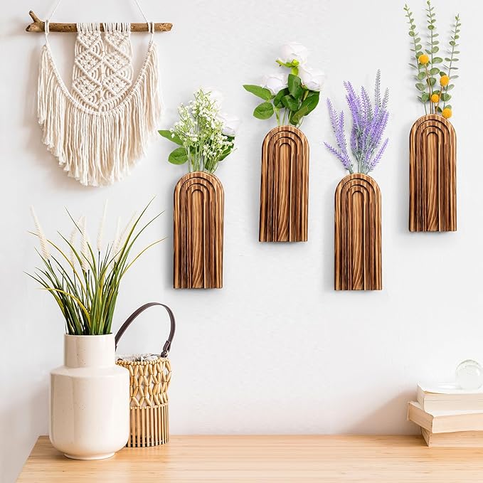 4 Pack Wall Planter Indoor Decor Plant Holders Boho Wood Hanging Vases for Modern Farmhouse Living Room Bedroom Rainbow Decor (Dark Brown)